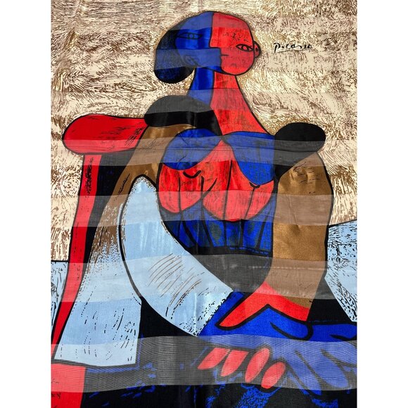 Vintage Picasso-Inspired Silk Scarf – Abstract Woman Print Art Wrap 1980s–1990s - Picture 7 of 8